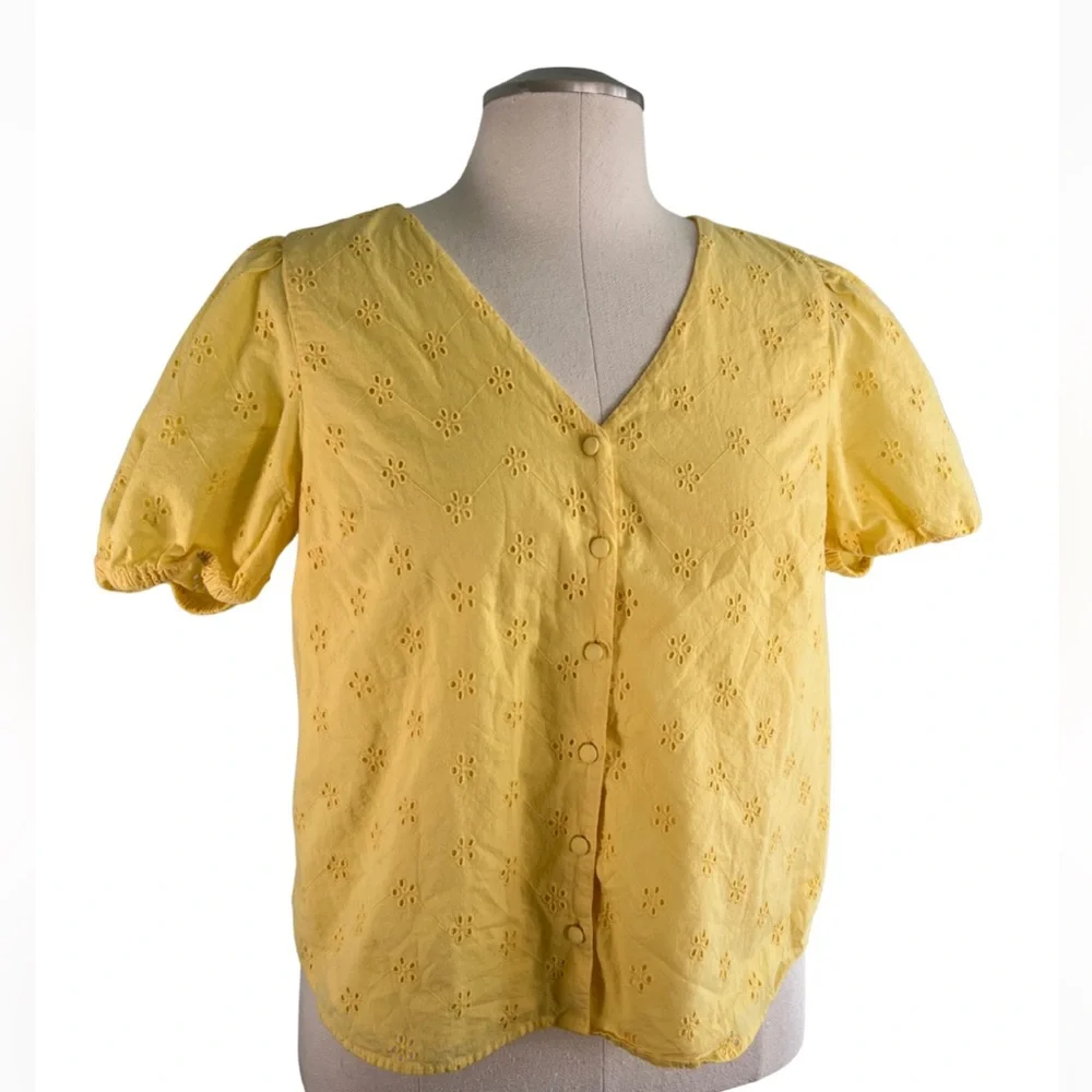 J. CREW yellow puff short sleeve eyelet button up cotton lined V-neck blouse L - Picture 2 of 10